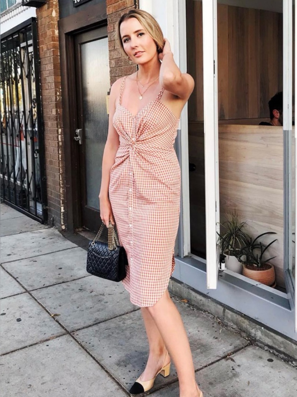 Zara Gingham Midi Dress Orange White Tie Front Button Sundress S